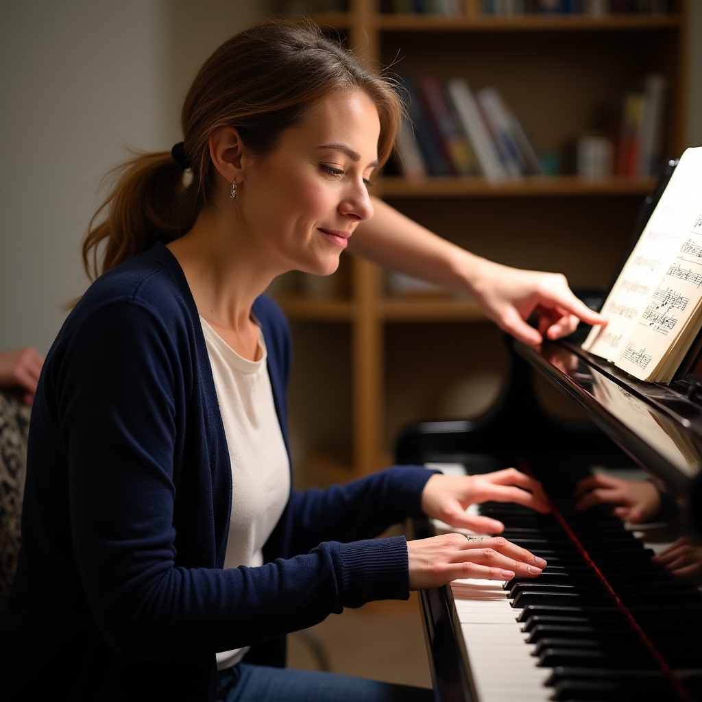 Femeie la lecție de pian, concentrată pe partitura simplă