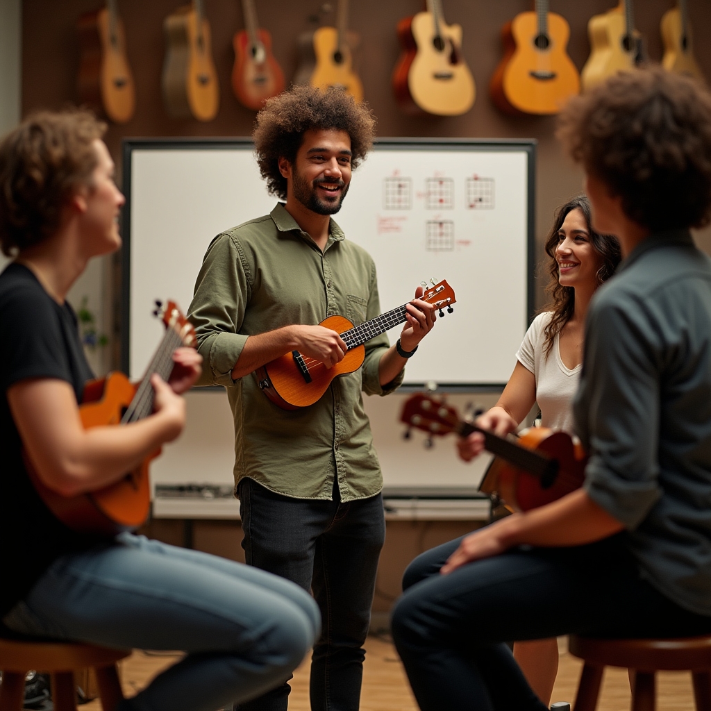 Profesor de ukulele cu un grup mic de adulți în studio