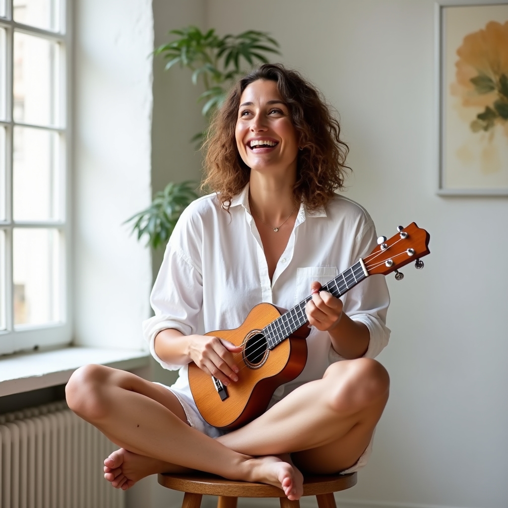 Adult zâmbind în timp ce cântă la ukulele